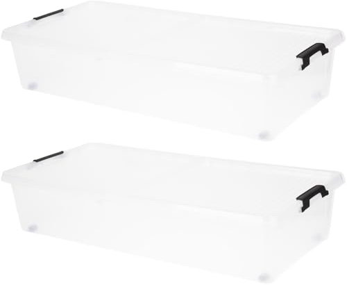 Muddy Hands Pack of 2-43 Litre Large Clear Plastic Storage Boxes with Lids & Wheels Under Bed Stackable Containers - Length: 80cm - Width: 40cm - Height: 17cm