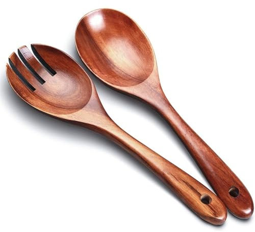 MOAZIFI Salatbesteck Holz Löffel Gabel, 6,5 X 26 cm Holzbesteck Salatgabel Salatlöffel Küchenhelfer, 2 Stück Holzbesteck Salatgabel Salatlöffel Acacia Wood für Salat, Pasta, Obst, Küchenutensilien