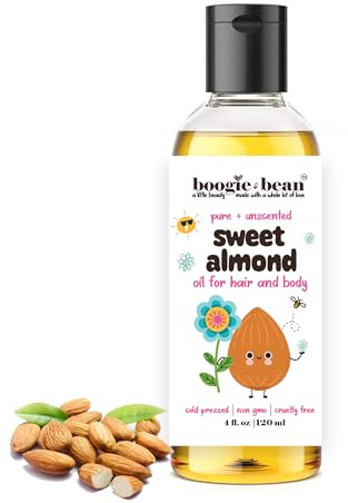 Boogie and Bean Kids Sweet Almond Oil for Hair and Skin, 100% Pure Prunus Amygdalus Dulcis Oil, NON GMO Moisturizing Oil for Dry Hair, Scalp, Face and Body, Fragrance Free