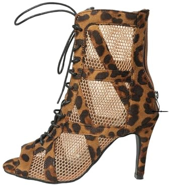 UK 4 Women's Dance Heels Peep Toe Mesh Ballroom Dancing Boots Summer Ankle Boots Lace up Pumps Party Shoes Ladies Stiletto Sandals Dancing Shoes B0_Clearance Leopard