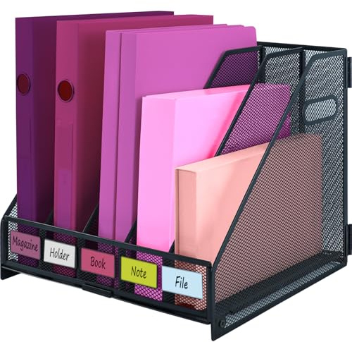 ideallife Desk Organizers, Metal Magazine File Holder with 5 Vertical Compartments Rack File Organiser Document Holder for Home Office Stationery Storage - Black