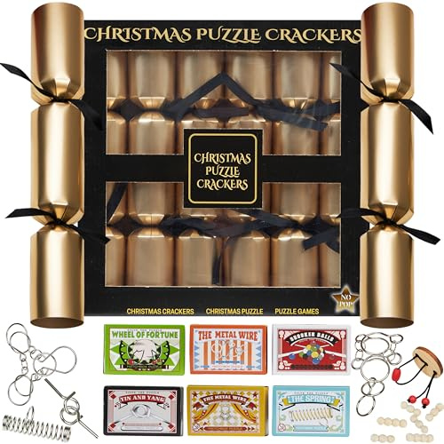 KreativeKraft Crackers di Natale, Set da 6 Crackers con Puzzle di Metallo, Senza Scoppio, Decorazioni Natalizie da Tavolo Bambini e Famiglia (Multi Puzzles)