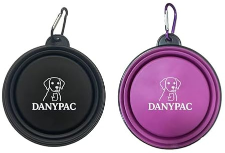 DANYPAC Cuencos Plegables para Perros, Set de 2 Bowls de Silicona 700ml, Portátiles con Mosquetón, para Agua y Comida, Negro y Morado (Negro Púrpura)