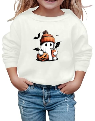2025 Sweat-shirt d'Halloween pour fille, imprimé, manches longues, col rond, haut décontracté pour enfants/hiver, sortie scolaire, confortable et doux mélange enveloppant, t-shirt à manches longues