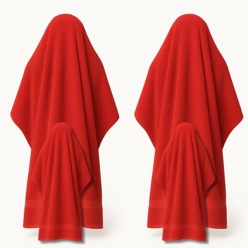 Awiku Set de 4 Toallas de Baño - 2 Grandes y 2 de Lavabo, 100% Algodón Premium - 2 de Ducha 100x150 cm y 2 de Manos 50x100 cm, Super Absorbente, 380 gsm - Secado Rápido (Rojas)