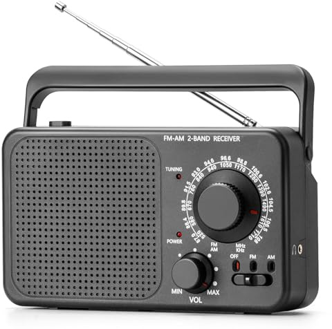 Portabel FM/AM-radio med stabil mottagning och högvolymshögttalare, bärbar radio (batteri- eller strömförsörjning) för användning inomhus, utomhus och nödsituationer