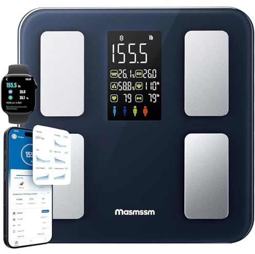 Masmssm Personenwaage Digital 8-in-1, Körperwaage Bluetooth Körperanalysewaage mit Großem Display, 22 Messwerten inkl. BMI, Körperfett & Herzfrequenz