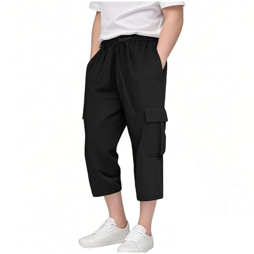 TYUSGH Boys Cargo Trousers Kids 3/4 Length Drawstring Elasticated Waisted Plain Baggy School Shorts Summer Solid Color Joggers Gym Sports Pants with Pocket Black