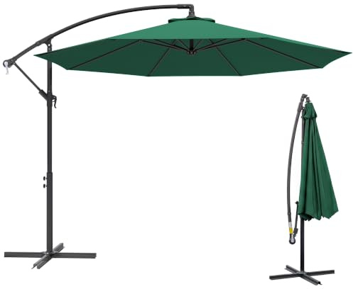 Outsunny Sombrilla de Jardín Ø300x250 cm Parasol Excéntrico Reclinable con Manivela Base Cruzada y Soporte de Acero 8 Varillas para Terraza Exterior Balcón Verde Oscuro
