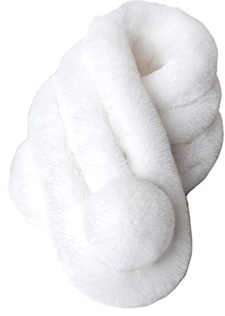 Lina & Lily Damen Schal Winterschal Pelzkragen mit Bommel aus Kunstpelz (Weiß)