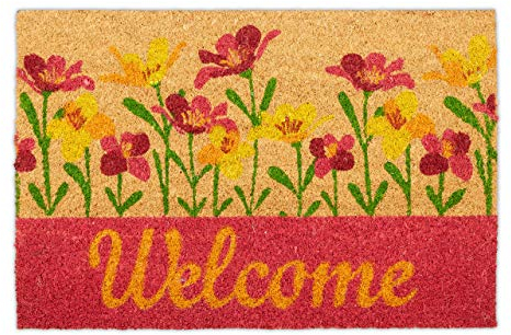 Relaxdays Fußmatte Kokos, Welcome Schriftzug & Blumen-Motiv, Türvorleger innen & außen, Kokosmatte 40 x 60 cm, Natur/rot