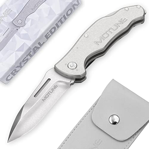 MOTUNE® Zweihand Klappmesser 2-in-1 KP26 Crystal Edition - Taschenmesser mit transparentem ABS-Griff - Zweihandmesser aus Edelstahlklinge SANDVIK 14C28N - mit Gürteltasche