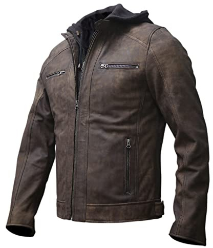 Artistry Mens Genuine Lambskin Leather Motorcycle Jacket with Removable Hood in Black Brown (Medium, Snuff Brown)