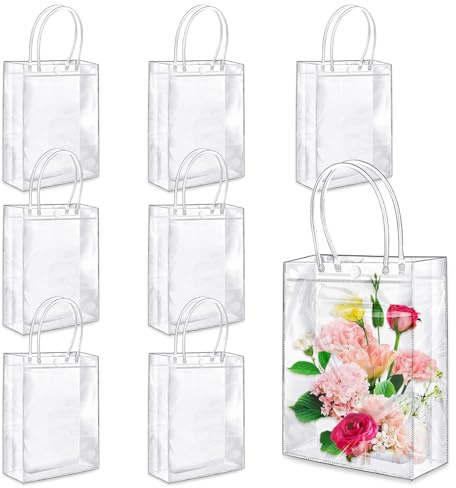 8 stycken klara presentpåsar med handtag, 23 x 17 x 6 cm presentpåsar genomskinliga, godispåsar, återanvändbara presentpåsar, transparenta för bröllop, shopping, fest, babyparty gästgåva
