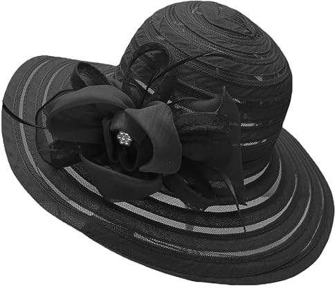 HilyBony Kentucky-Hut mit breiter Krempe, Organza-Derby-Hut, Braut, Hochzeit, Kirche, Teeparty, breite Krempe, Sommer-Sonnenkappe, Schwarz , M
