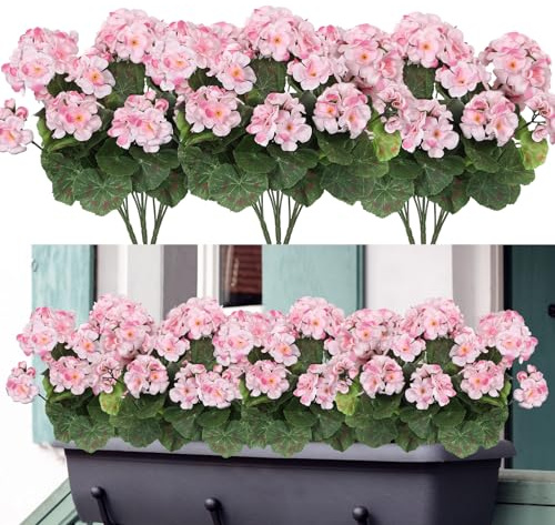 Weldomcor Set med tre blomknippen med konstgjorda sidenblommor, UV-beständig konstgjord pelargon för inomhus- och utomhusbruk, hängande trädgård, veranda, fönster, låda, ljusrosa