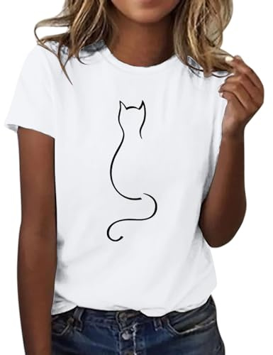 Uwdiohq Lightning Deals Camicia da Donna con Stampa Gatto Maglietta a Maniche Corte Girocollo Maglietta alla Abbigliamento Estivo Casual Morbido e Leggero Camice Chimic T Shirt Donna Cotone Offerta