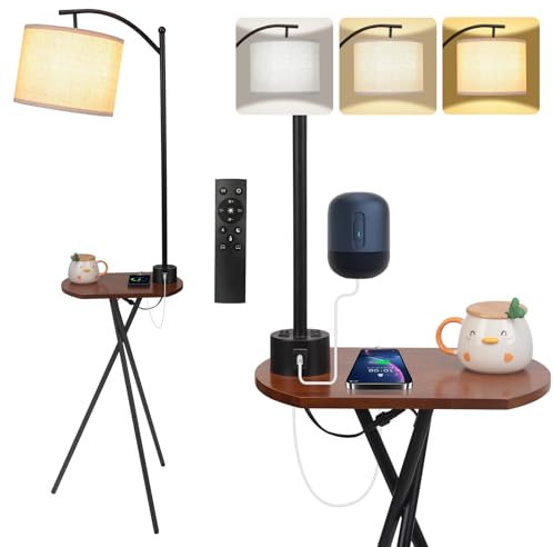 Lianheng Lámpara de Pie con Mesa y Cargador, Trípode Lámpara Moderna con Estantes, Lámpara LED Regulable con Mando a Distancia para Salón, Dormitorio