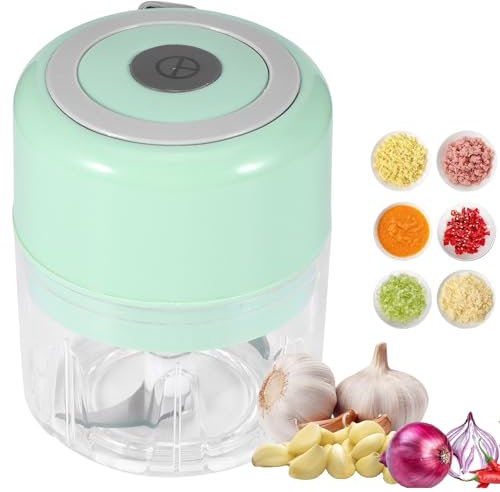 Electric Garlic & Vegetable Chopper - Mini 250ml Bowl, Wireless USB Charging, 3 Blades, Food Processor for Onions, Ginger, Herbs, Fruits, Meat & Nuts - Green