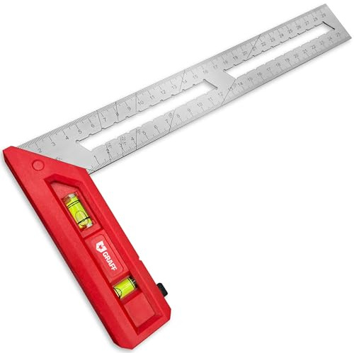 Squadra da falegname 300 mm di precisione 90°/45° – Squadra da carpentiere con doppia livella a bolla – Impugnatura in plastica e righello in acciaio inox GRAFF