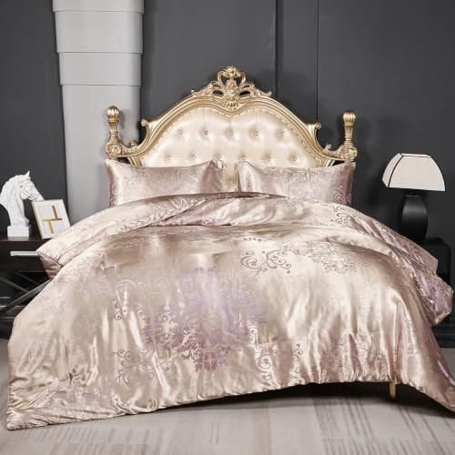 Herside Jacquard Duvet Cover Set Double 3pcs Champagne Gold Bedding Set Premium Polyester Quilt Cover Royal Damask Bed Cover Luxury Bedding Set with Vintage Paisley Pillowcases