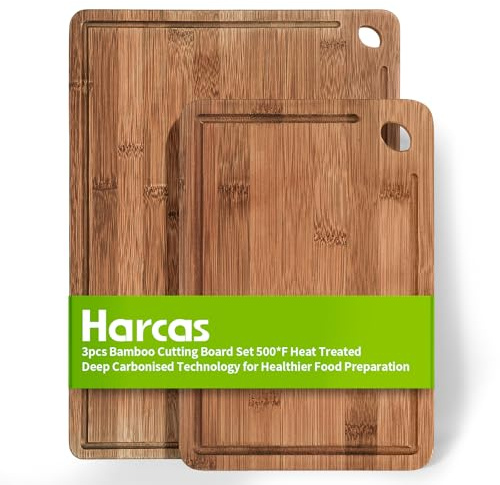 2 Piece Organic Bamboo Chopping Board Set by Harcas. 3 Sizes. Beautifully Crafted. Perfect for Serving Cheese or Antipasti, Cutting Meat, Vegetables or Fruit