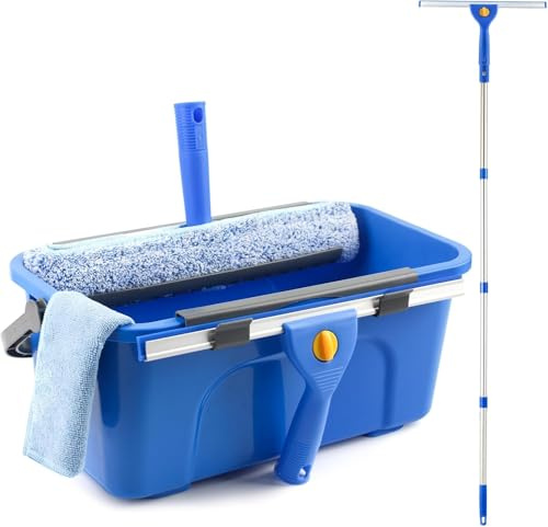 PIMEKOY Kit de limpieza de ventanas con cubo de 10 litros, escobilla de ventana de 14 pulgadas y limpiador de 15 pulgadas con mango largo de 61 pulgadas, herramienta de limpieza profesional para