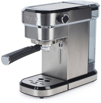 Cafetera Espresso Salter con espumador de leche y jarra – Café solo o doble, bomba italiana de 20 bares de presión, compatible con café molido, depósito de agua de 1.1L, acero inoxidable, 1350W