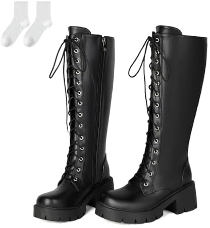 Stivali Alti Con Tacco A Blocco Da Donna, Eleganti Stivali Lunghi Casual Stivali Equitazione Grandi Dimensioni Testa Rotonda Scarpe Con Lacci E Cerniera Laterale Stivali Cavaliere,Nero,36 EU