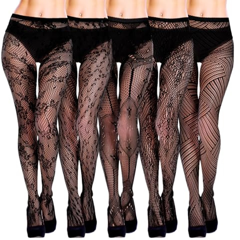 Zuimei 5 Pairs Black Patterned Tights for Women Goth Fishnet Tights for Party Club Cosplay Daily