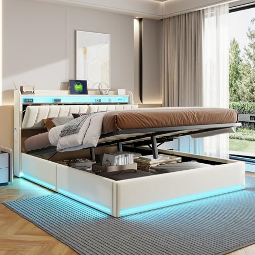 BestAlice polstrad säng 160x200 med laddningsstation och LED, ungdomssäng, dubbelsäng med förvaringshuvudgavel och tvåvånings öppna hyllor, hydraulisk förvaringssäng, sängram med ribbotten, sammet