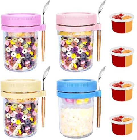 4 Pack Overnight Oats Jar - Overnight Oats Container with Lids and Spoons, 15oz/450ml Glass Breakfast Pots, Meal Prep Jar Yogurt Pot Porridge Container to Go for Oat, Pudding, Milk, Cereal Fruit Salad