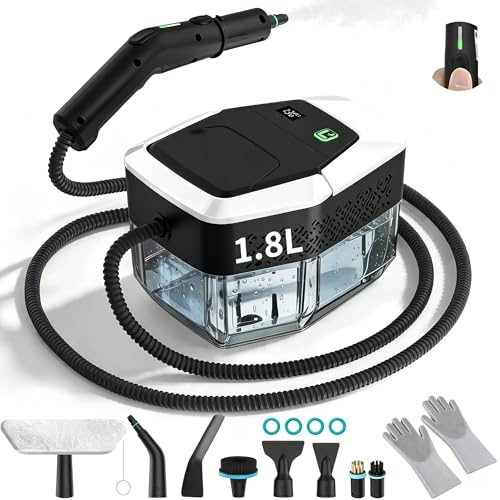 Limpiador de vapor manual, 2500 W, limpiador a vapor de mano con mango escalonado, 8 boquillas, depósito de 1,8 L, 3 niveles de vapor, 4 bares de alta presión, 15 segundos de tiempo de calentamiento