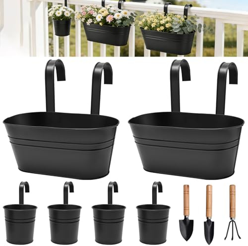 YTACREA 6PCS Vasi da Fiori Sospesi con 3 Attrezzi da Giardinaggio, Vasi da Appendere in Metallo con Foro di Drenaggio e Ganci Rimovibili, Fioriere per Balcone, Ringhiera, Recinzione
