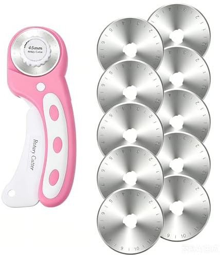45mm Rotary Cutter with 10 Extra Blades – Ergonomic Fabric & Leather Rotary Cutter with Safety Lock, Precision Quilting & Sewing Tool for Left & Right Hand, Ideal for Crafts & Upholstery (Pink)