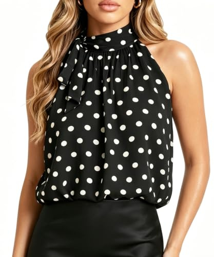Navneet Blusa Halter Sin Manga Mujer Top Estampado Lunares con Lazo Lateral | blusa mujer halter, blusa sin mangas, lazo lateral, lunares, verano fiesta, top elegante mujer, blusa gasa