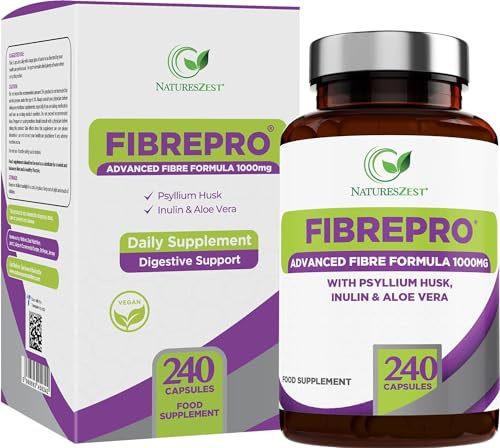 FibrePro 1000mg - Fibre Supplement -240 Psyllium Husk Capsules | High Strength Fiber Supplement Enriched with Prebiotic Inulin, Aloe Vera & Flaxseed | Vegan, Non GMO| UK Made - 4 Month Supply