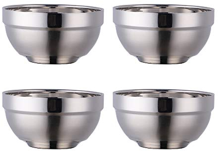 Müslischale aus Edelstahl 500ML silber Suppenschalen 4er set Reisschüssel Groß Nudelschale Dessertschalen breit 13 cm(5,1 inch) Metall Ramen Schüsseln Doppelschicht Anti-heiße