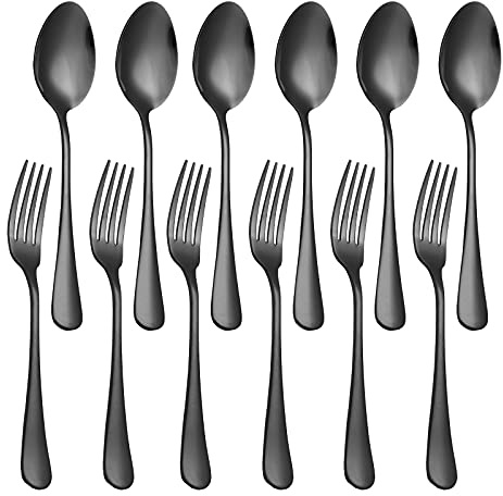 Set of 12, Stainless Steel Dinner Forks and Spoons Silverware Set, Heavy-Duty Forks (8 Inch) and Spoons (6.7 Inch) Cutlery Set, Dishwasher Safe (Black)