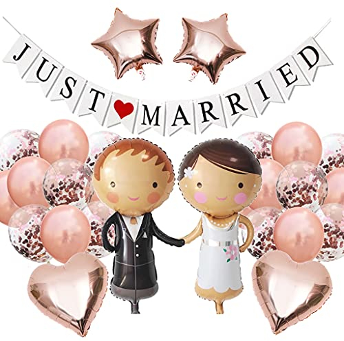 Globos de boda Just Married Decoración, decoración de boda, oro rosa, globos para recién casados, globos de papel de aluminio, novio