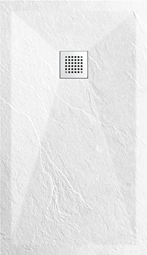 GENERIC Piatto Doccia Rettangolare 80x100x3 cm in Pietra Minerale e Resina Mista, Bianco, Effetto Ardesia Ruvido, C3 Antiscivolo, Resistente agli Urti, Inclusi Sifone e Tubo Flessibile