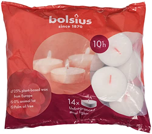 Bolsius Maxi Tea Light Candles - White - Pack of 14 - Long Burning Time of 10 Hours - Interior Decoration - Unscented - Smokeless - Includes Natural Vegan Wax - No Palm Oil - XXL Tealights