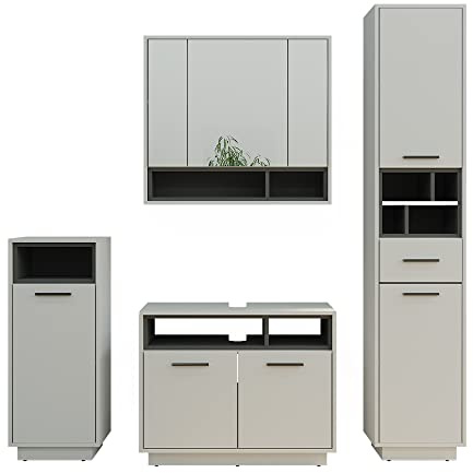 Vicco Set di mobili da bagno Beatrice, Grigio, 80 cm, composto da mobile lavabo, pensile a specchio, colonna e base media