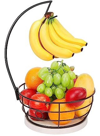 Livabber Countertop Fruit Basket Bowl with Banana Hanger, Modern Standing Fruit Vegetable Bowl Storage, with Banana Tree Holder for Kitchen Dinning Table (Round Marble, Black)