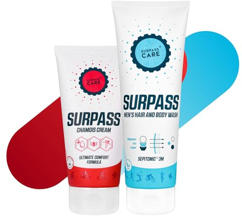SURPASS - Set per la Cura del Ciclismo Maschile - Crema per Camosci e Gel Doccia Sportivo - Più Comfort e Prestazioni Sui Percorsi Lunghi - Effetto Anti-Fatica e Pulizia Rigenerante - 170ml + 250ml