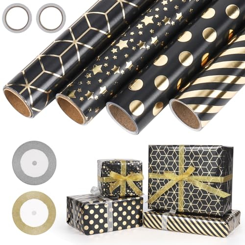 GuKKK Papel para Envolver Regalos 3M x 43CM, 4 Rollo Hojas Papel de Regalo + 2 Rollo de Cinta, Niños Niñas Cumpleaños Papel Regalo, para Cumpleaños, San Valentín, Día De Fiesta, Baby Shower, Navidad