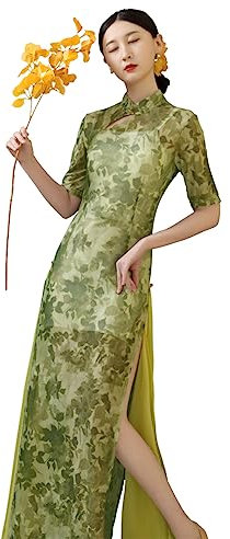 ROYAL SMEELA Grün Stehkragen Traditionell Chinesisch Cheongsam Lang Kleid Damen Masche Chinesisches Cheongsam Qipao Kleid Für Frauen Kurzarm Cheongsam Kleid Damen Chinesischer Stil Qipao Kleid