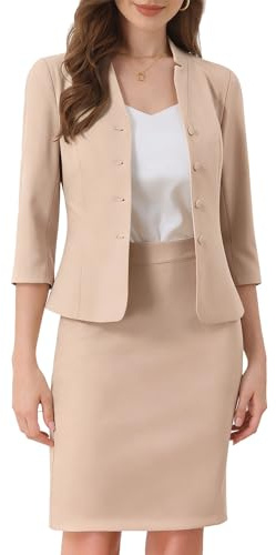 Allegra K Ensemble de Costume Femme Tailleurs-Jupe Professionnel Tenues 2 Pièces Col Cranté Blazer Bottonné d'affaires Jupe Crayon