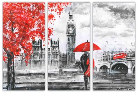 AREDE Uppsättning av 3 väggkonstmålning bild affisch röd, svart och vit London, par med paraply i London (90 x 60 cm) väggdekoration hem kontor vardagsrum sovrum redo att hänga upp