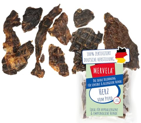 MERVELA Corazones de caballo 100% puro | 1.000 g | corazón seco del caballo | calidad alemana | golosinas para perros hipoalergénicos, alérgicos y sensibles